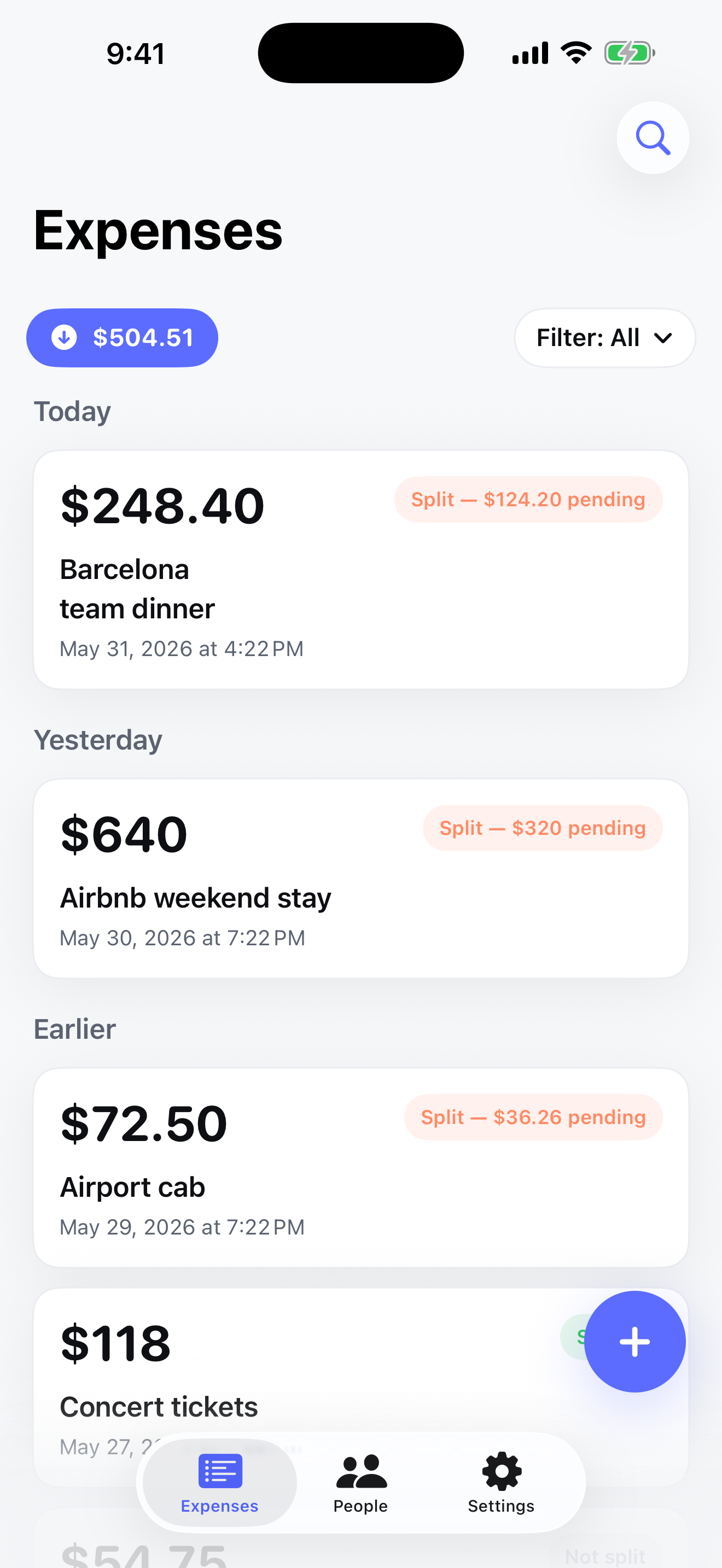 Moneybond expenses screen showing pending split expenses