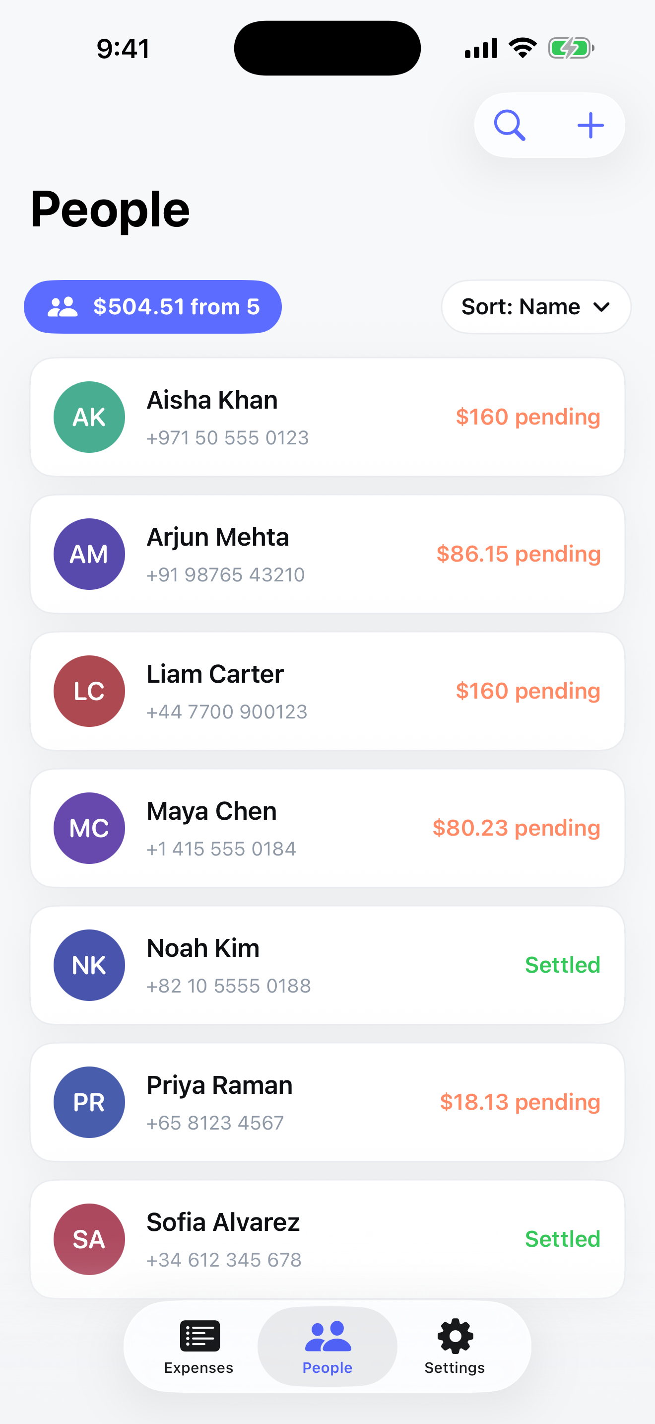 Moneybond people screen showing pending balances