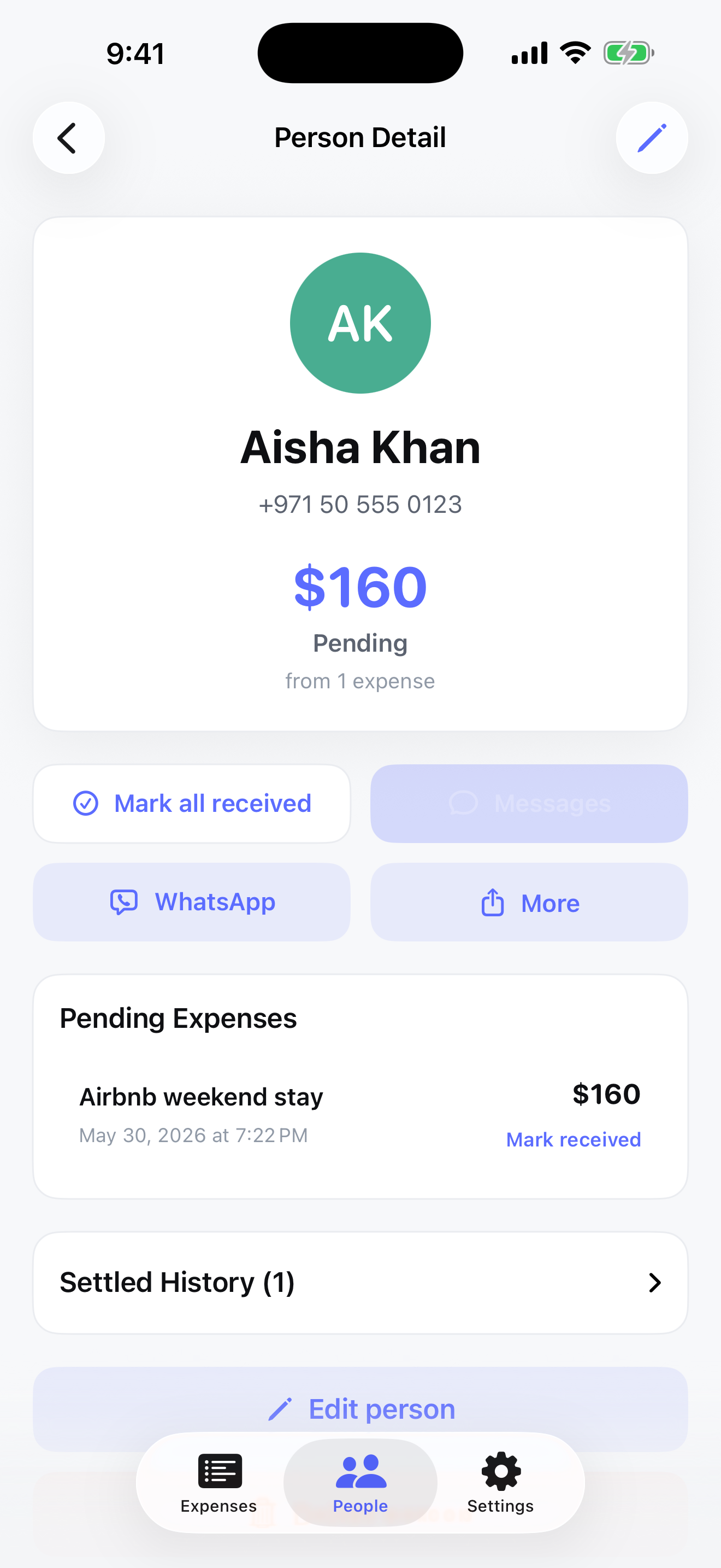 Person detail screen with pending balance and reminder actions