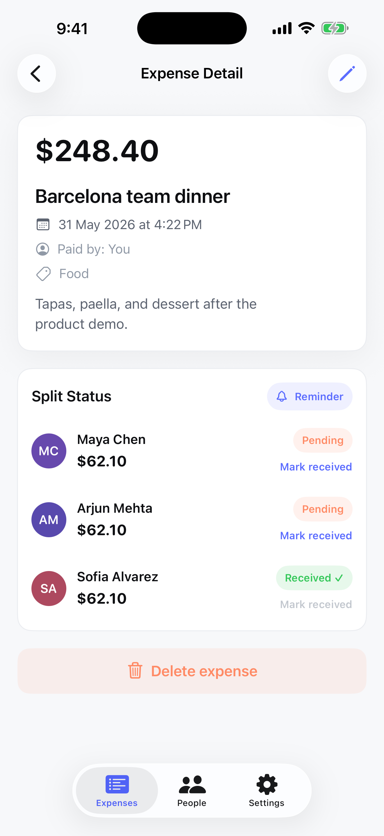 Expense detail screen showing split status for people