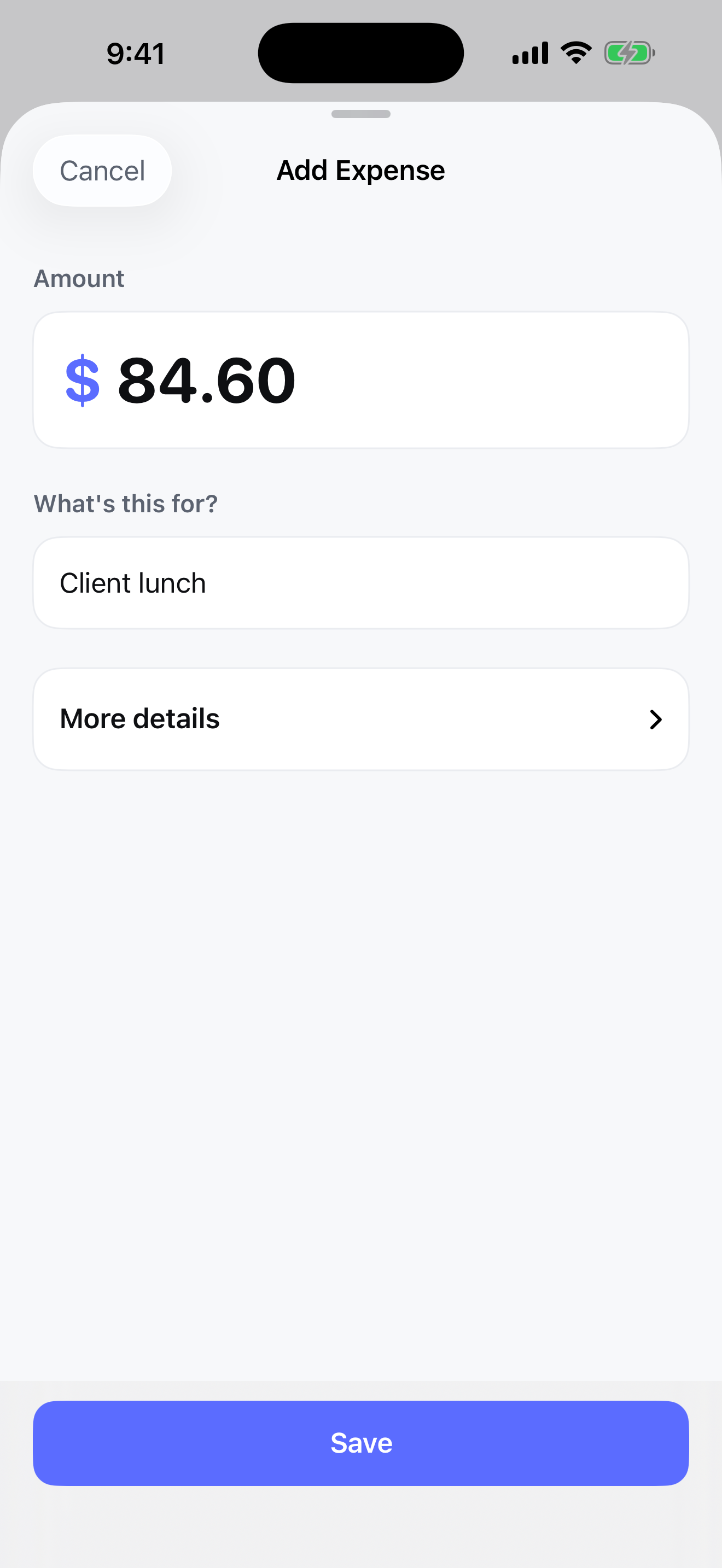 Add expense screen with amount and title fields