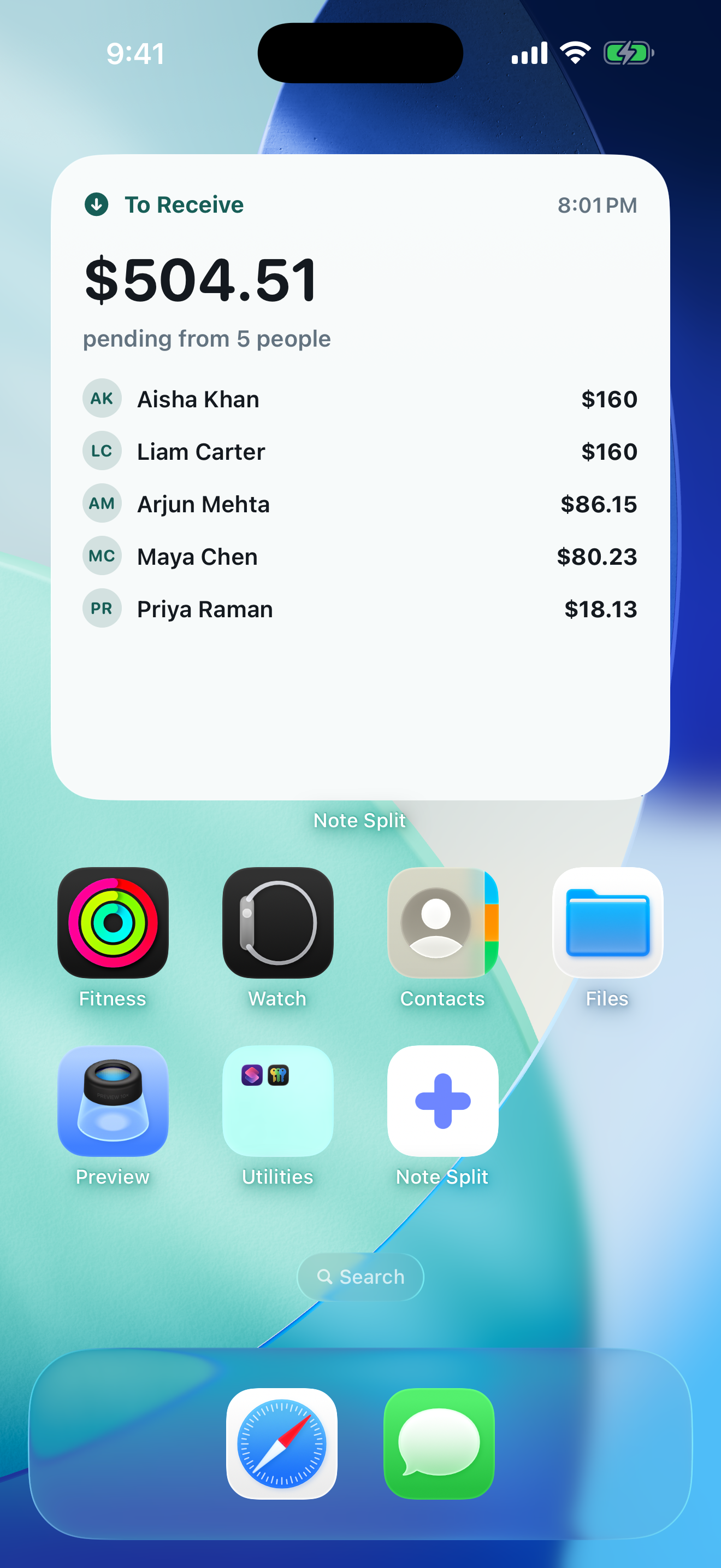 Moneybond home screen widget showing money to receive